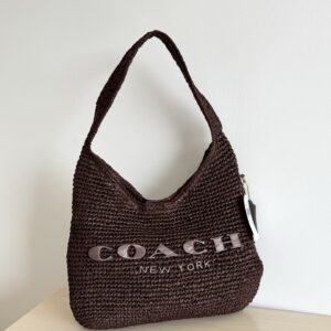 Coach Woven Raffia Logo Hobo Bag